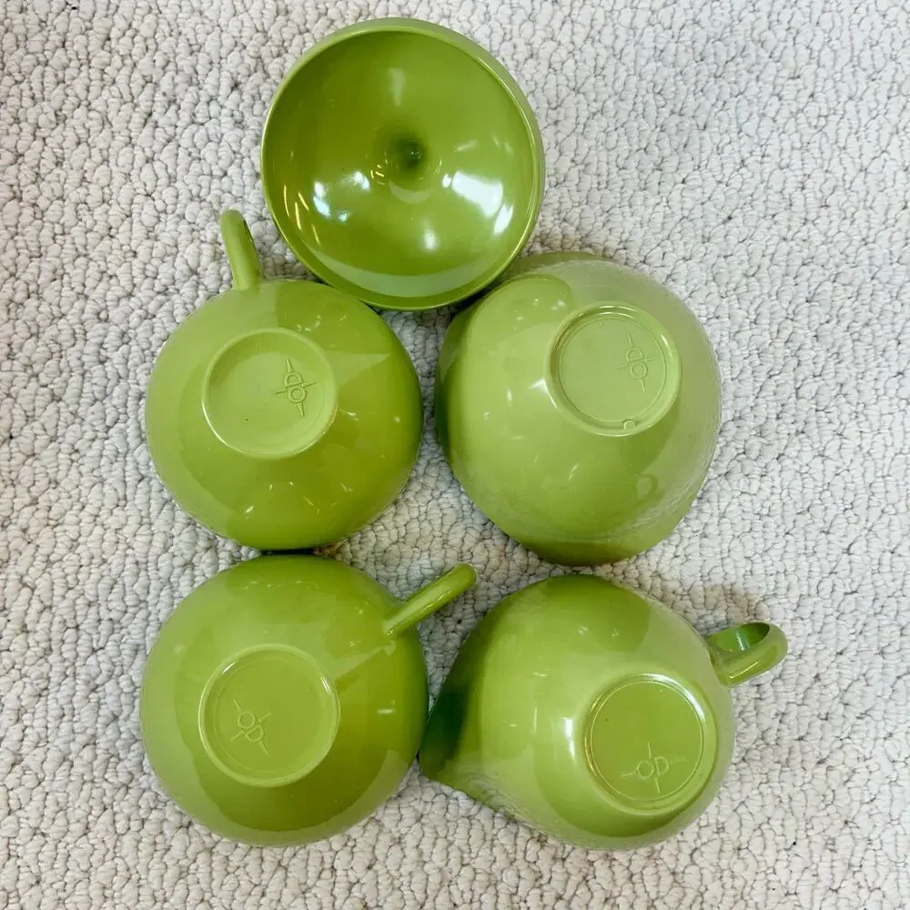 Vintage Oneida OD Green Melamine Coffee Set 2 Cups Creamer Sugar W/ Lid